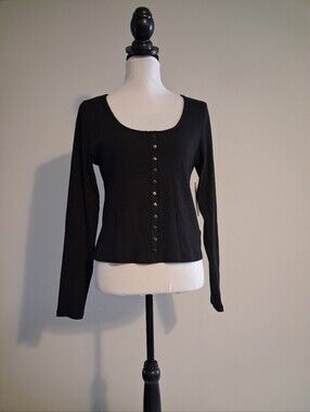 Ribbed Knit Long Sleeve Scoop Neck Button-Front Top Size Large